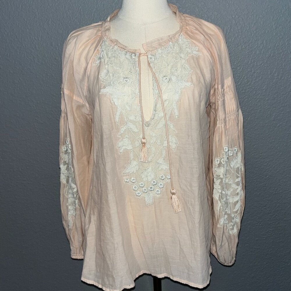 FREE PEOPLE Peach & Lace Peasant Top Long Sleeve Balloon Sleeves - Boho -EUC -XS